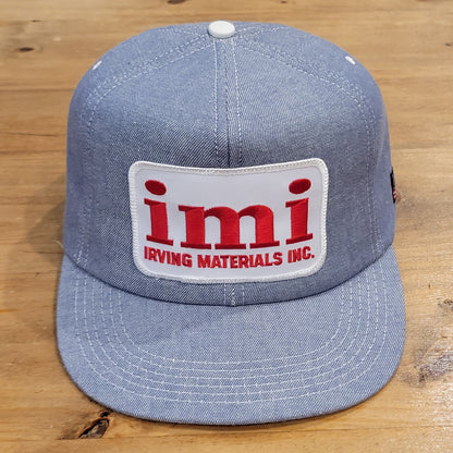 Vintage Irving Materials Denim Trucker Hat Snapback Big Patch imi Made USA Foam