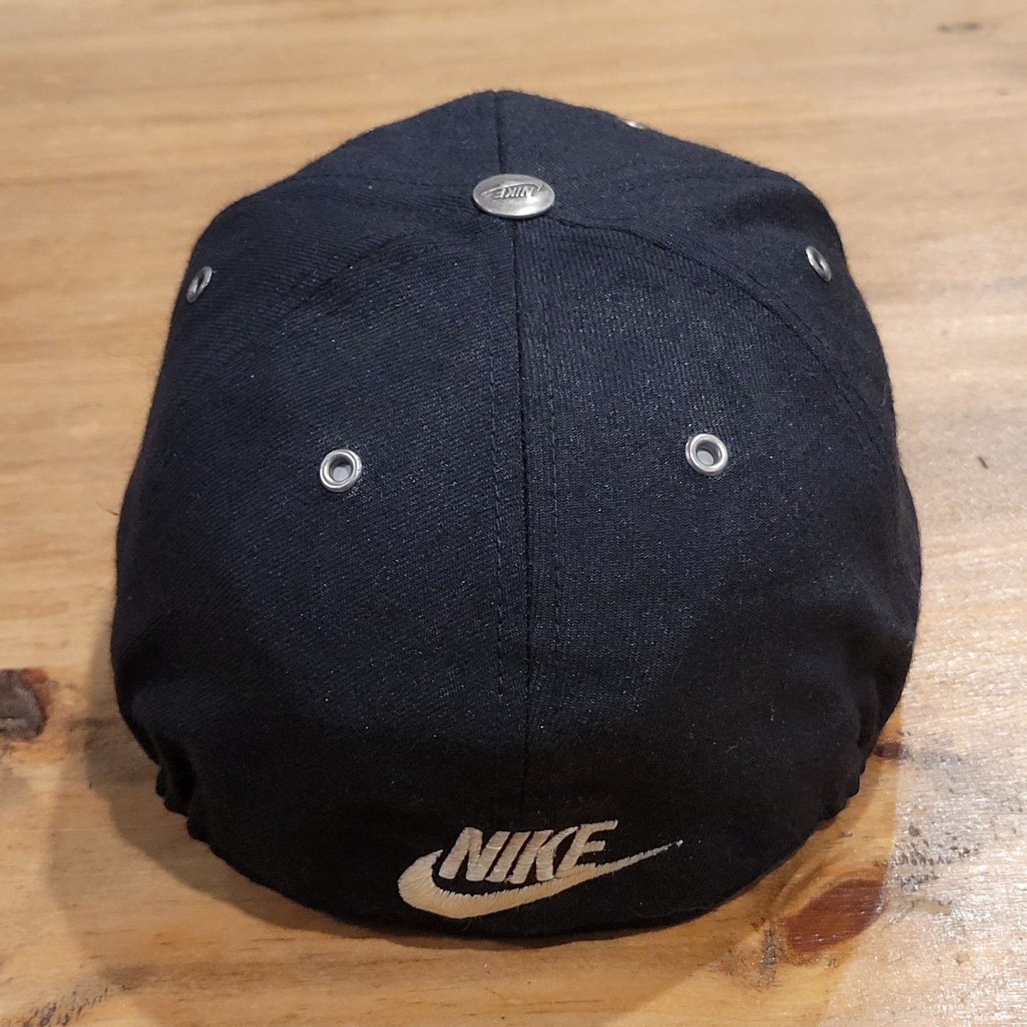 Vintage Nike Hat Swoosh Arch Spell Out Flex Sit Size S/M Black 90s Y2K Wool Blen