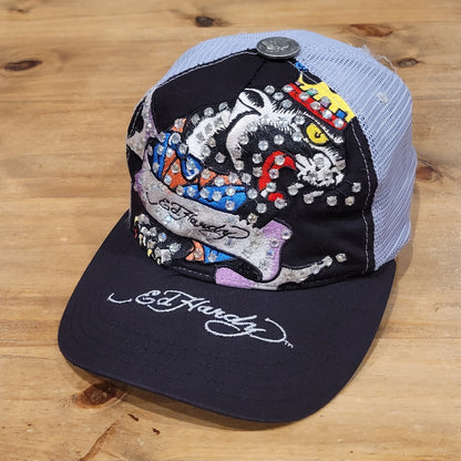 Ed Hardy Hat Cap Snapback Cat Jewels Bedazzle Christian Audigier Black Y2K USA