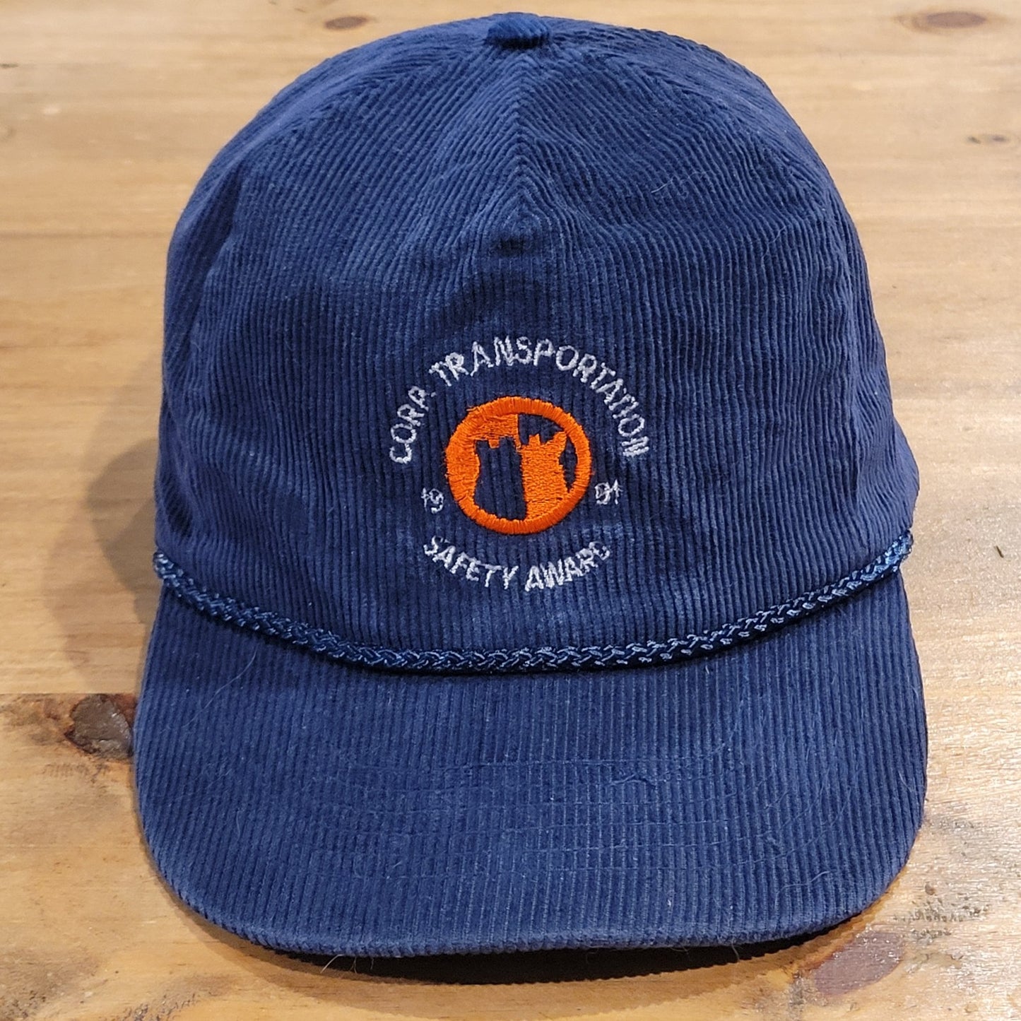 Vtg Transport America Corduroy Trucker Hat Blue Safety Award Snapback Made in US