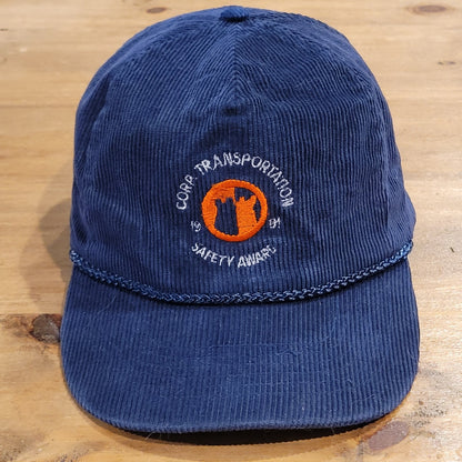Vtg Transport America Corduroy Trucker Hat Blue Safety Award Snapback Made in US