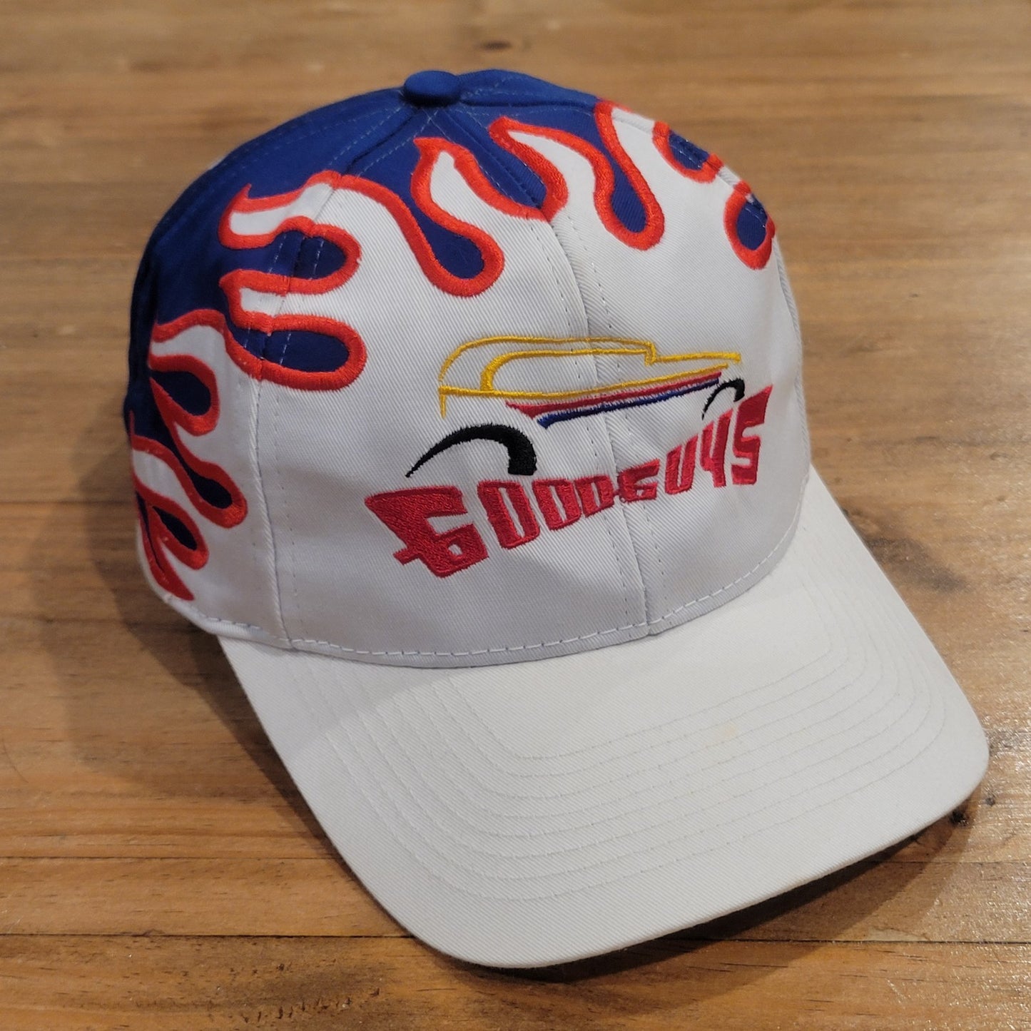 Good Guys Racing Hot Rod Car Flame Embroidered White Blue One Size