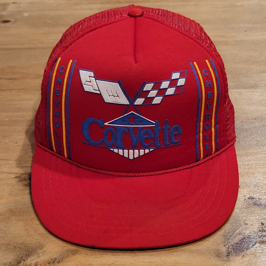 Vintage Corvette Hat Snapback Trucker 80s Car Racing GM Chevrolet Red Mesh Back