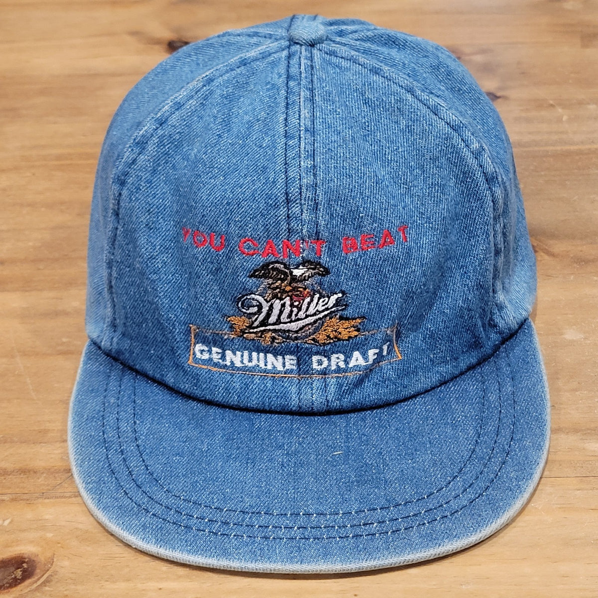 Vintage Miller Genuine Draft Denim Hat Leather Strap Back 90s You Cant Beat Beer