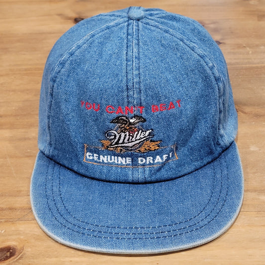 Vintage Miller Genuine Draft Denim Hat Leather Strap Back 90s You Cant Beat Beer