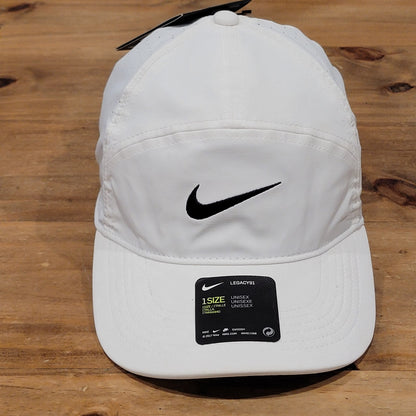 Nike Aero Bill Panel HAt Cap Strap Back White Black Swoosh Running Adjustable
