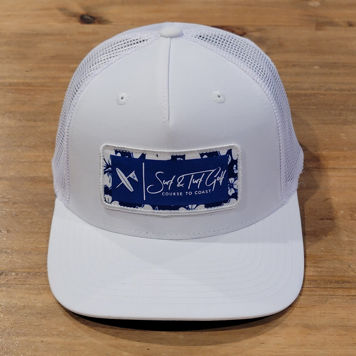 Surf & Turf Golf Hat Cap Snapback White Blue PAtch Hawaiian Floral Beach Mesh