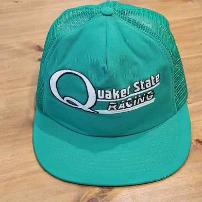 Vintage Quaker State Racing Hat Snapback Trucker Green Made USA Race Car Oil