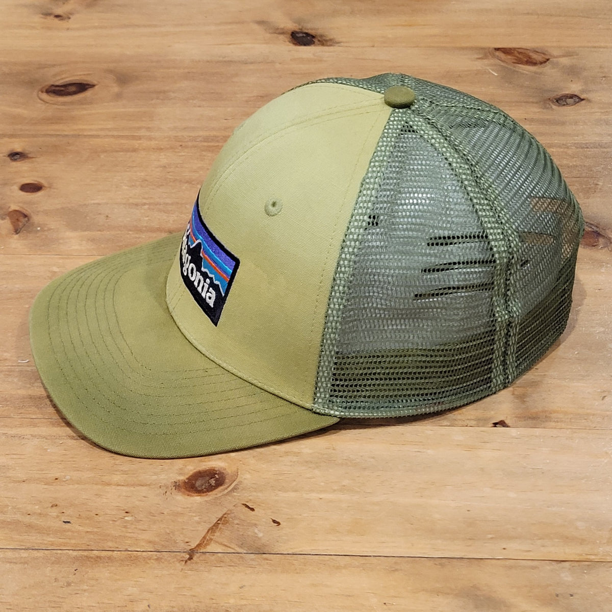 Patagonia Hat Snapback Green Trucker Mesh Back Outdoor Mountain Spell Out Faded