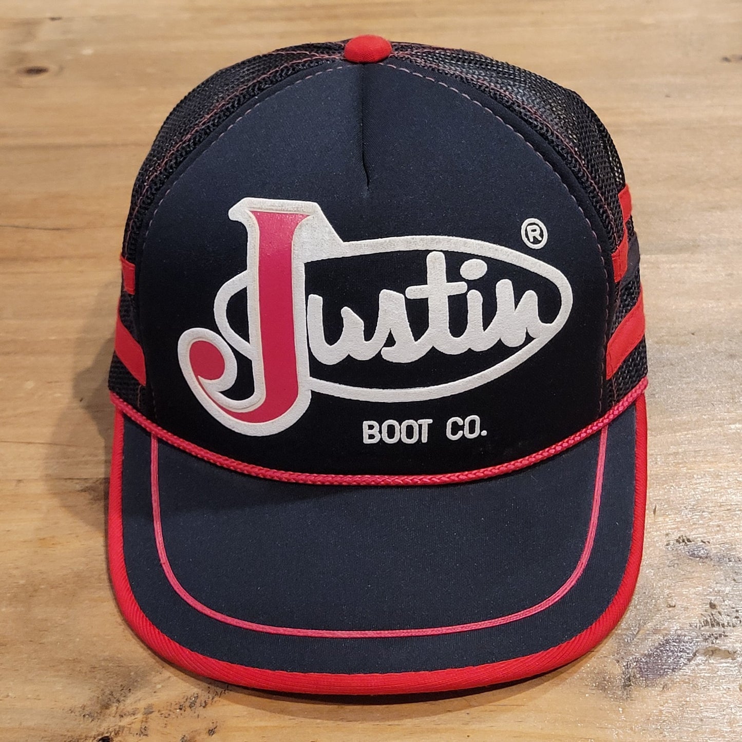 Vintage Justin Boots Hat Snapback Black 3 Stripe Trucker Boot Co 80s Cowboy