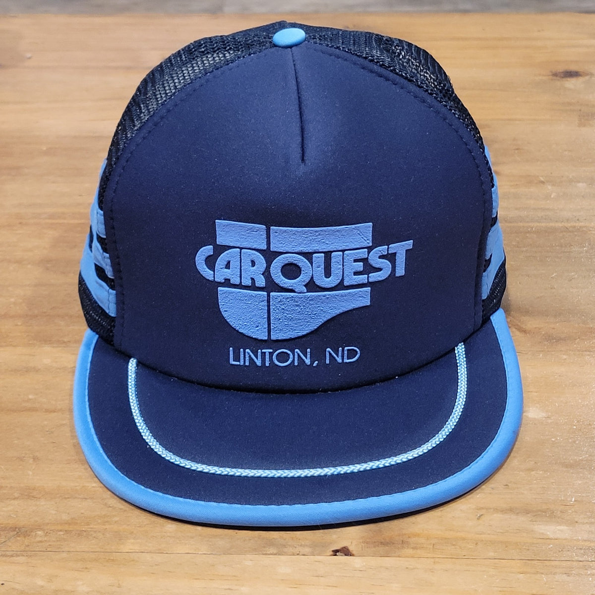 Vintage Car Quest 3 Stripe Trucker Hat Cap Snapback Blue Mesh Back 80s 90s