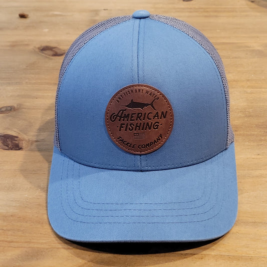 AFTCO Hat Snapback Blue American Fishing Leather Patch Trucker Fish Tackle Co