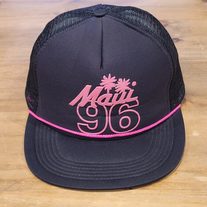 Vintage Maui Hawaii 1996 96 Trucker Hat Black Pink Neon Rope Beach