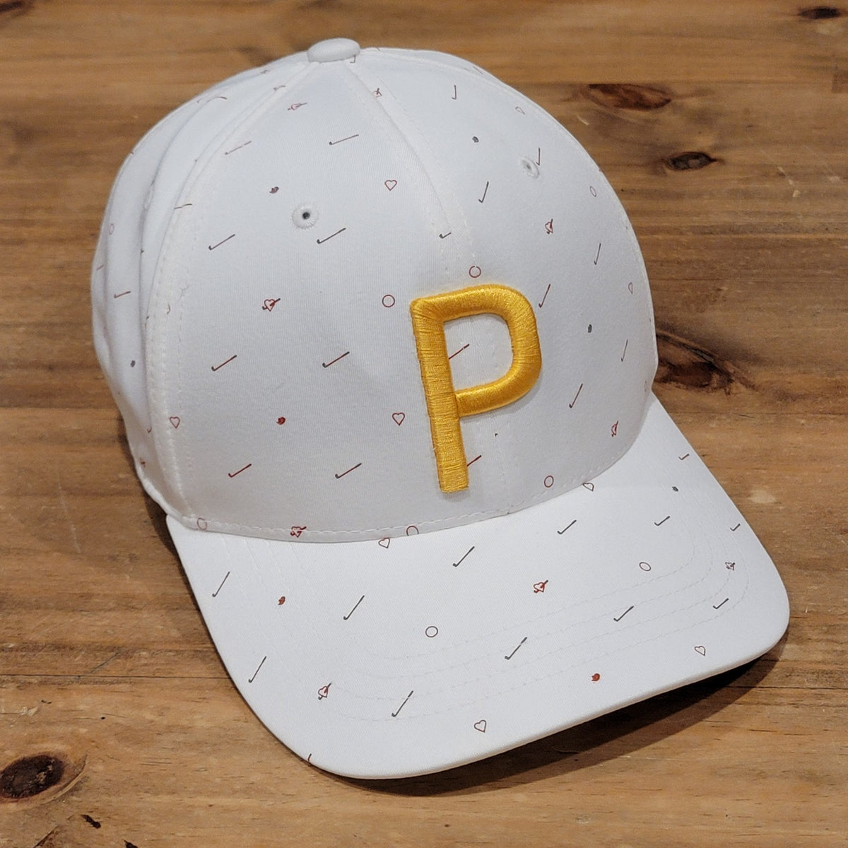 Puma Hat Cap Snapback AOP Allover White Yellow P Logo One Size Golf Golfer