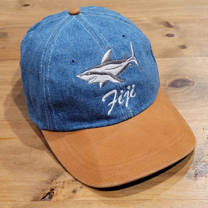 Fiji Shark Embroidered Denim Baseball Cap Hat Blue Tan Contrast Brim Adjustable