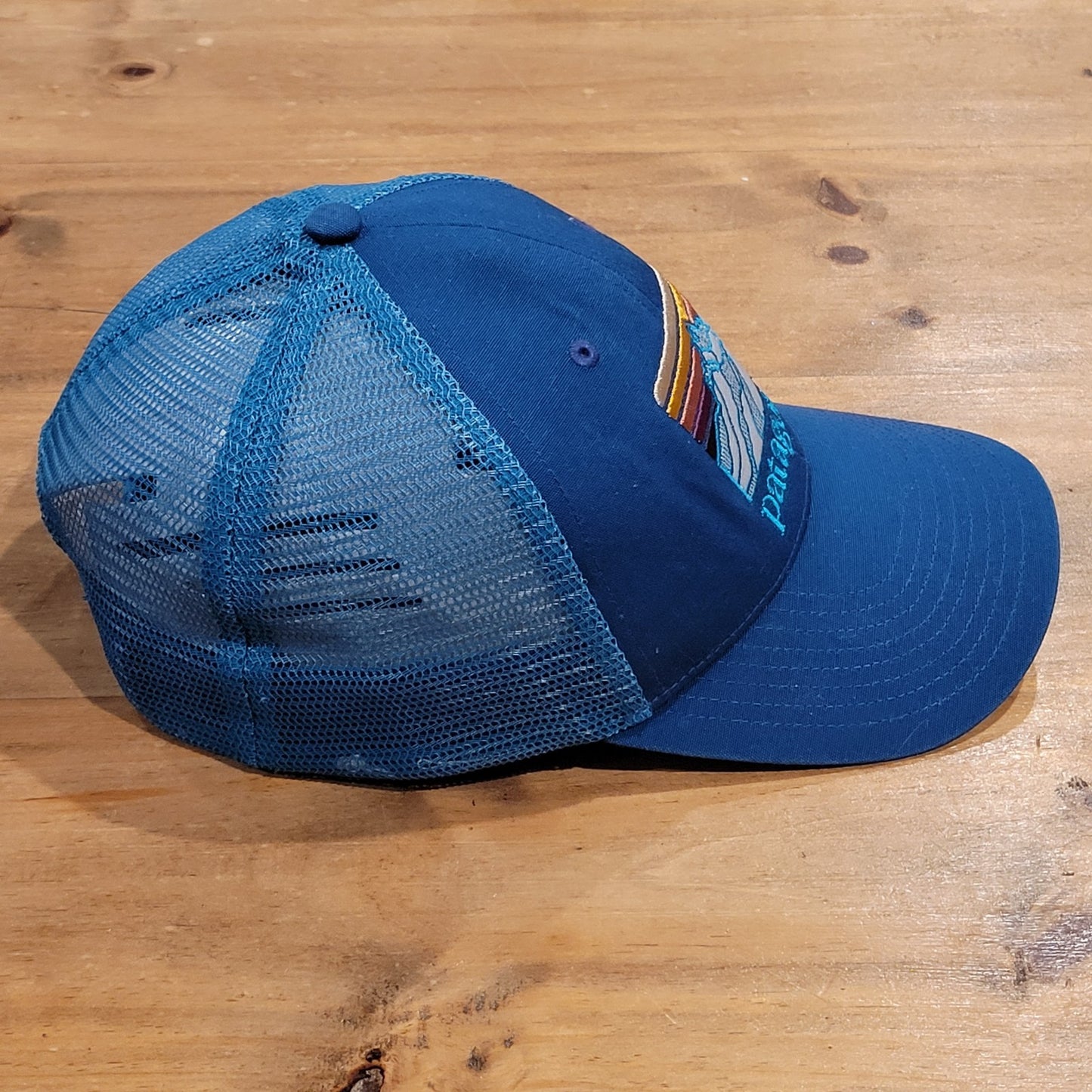 Patagonia Trucker Hat Cap Snapback Blue Embroidered Mountains Mesh Back Outdoor