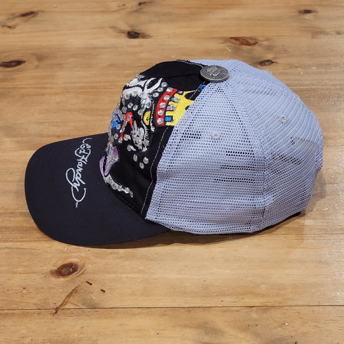 Ed Hardy Hat Cap Snapback Cat Jewels Bedazzle Christian Audigier Black Y2K USA