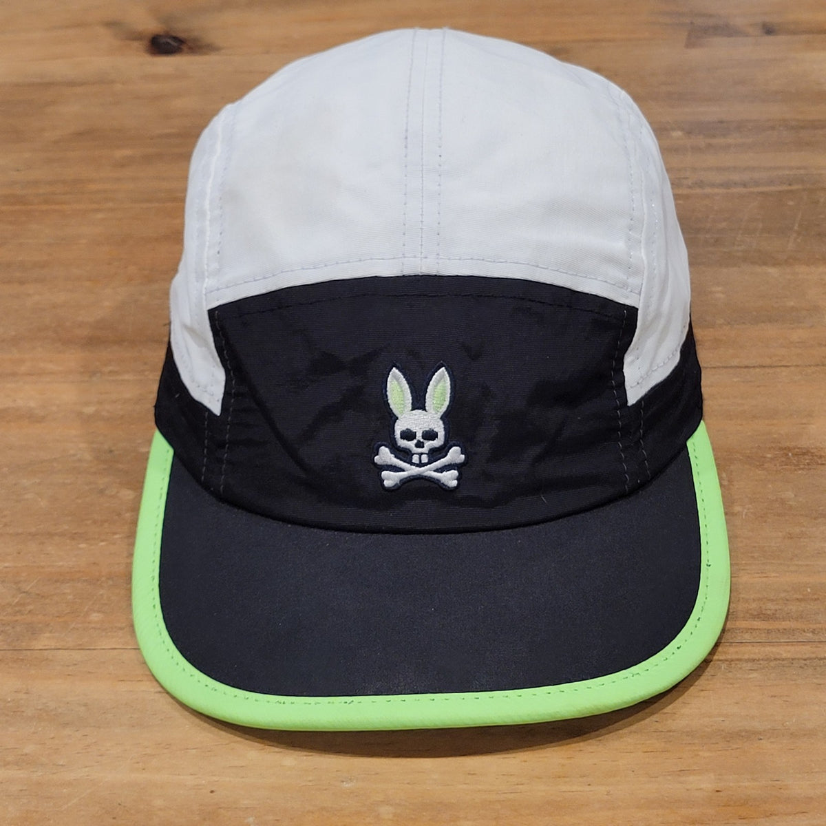 Psycho Bunny 5 Panel Hat Cap One Size Black White Green Lightweight Adjustable