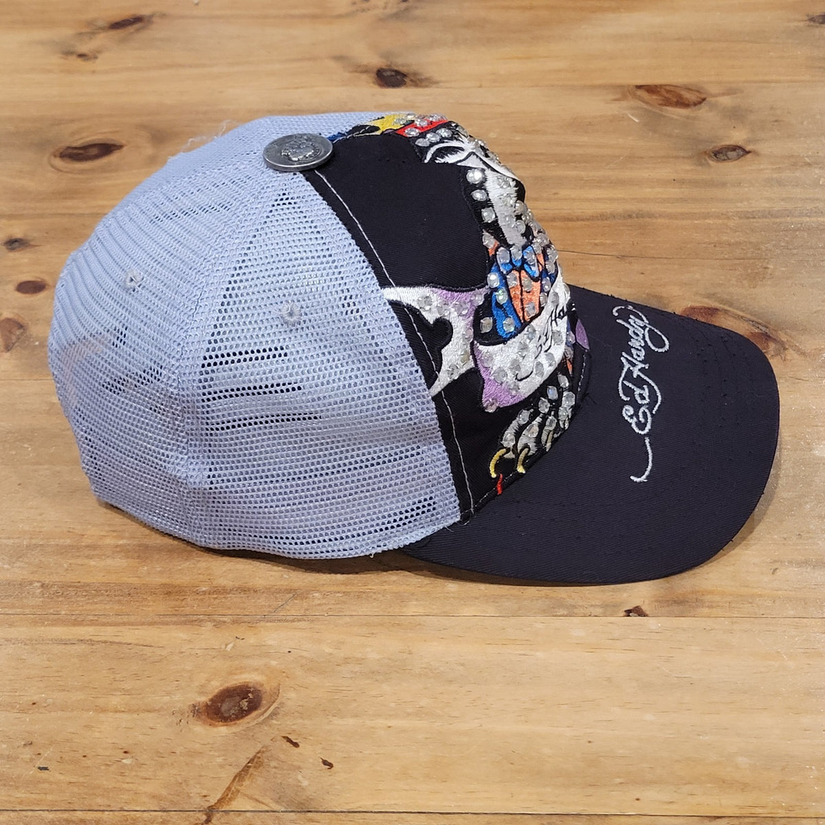 Ed Hardy Hat Cap Snapback Cat Jewels Bedazzle Christian Audigier Black Y2K USA