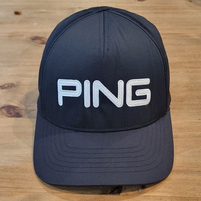 Ping Golf Hat Cap Size L/XL Flex Stretch Fitted Black White Spell Out Golfer