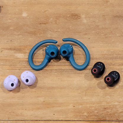 Lot of 3 Wireless Bluetooth Earbuds Jlab Go Sport Tozo T6 Onn Buds Purple
