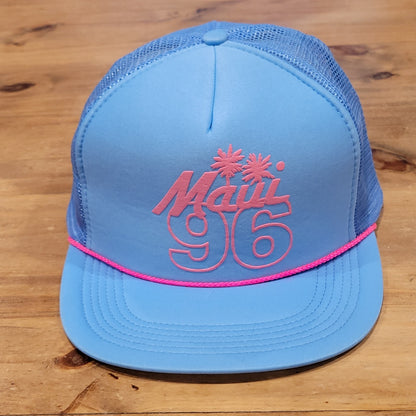 Vintage Maui Hawaii 1996 96 Trucker Hat Blue Pink Neon Rope Beach