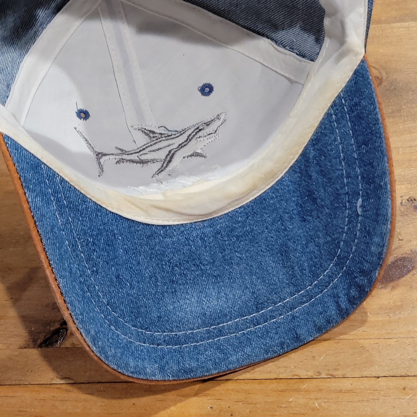 Fiji Shark Embroidered Denim Baseball Cap Hat Blue Tan Contrast Brim Adjustable