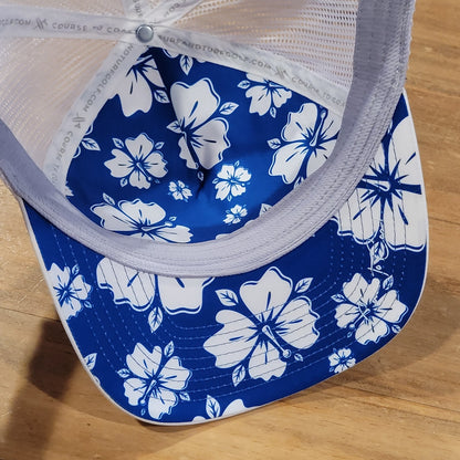 Surf & Turf Golf Hat Cap Snapback White Blue PAtch Hawaiian Floral Beach Mesh