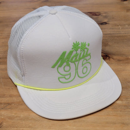 Vintage Maui Hawaii 1996 96 Trucker Hat White Green Neon Rope Beach