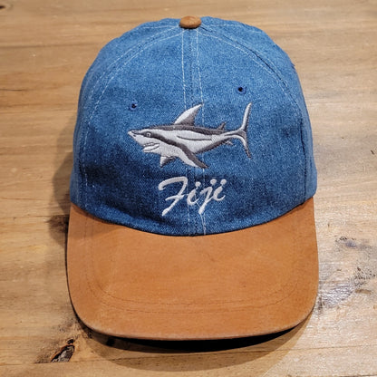 Fiji Shark Embroidered Denim Baseball Cap Hat Blue Tan Contrast Brim Adjustable