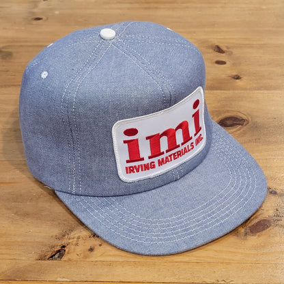 Vintage Irving Materials Denim Trucker Hat Snapback Big Patch imi Made USA Foam