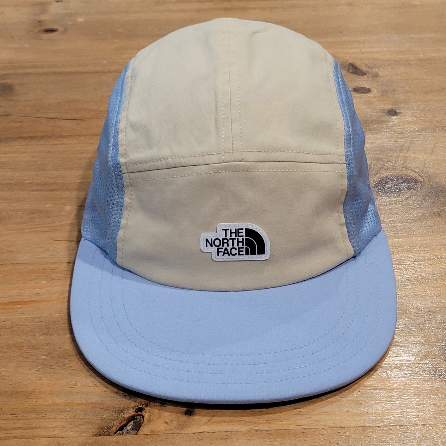 The North Face 5 Panel Hat Cap Beige Blue Lightweight Nylon Hiking Running