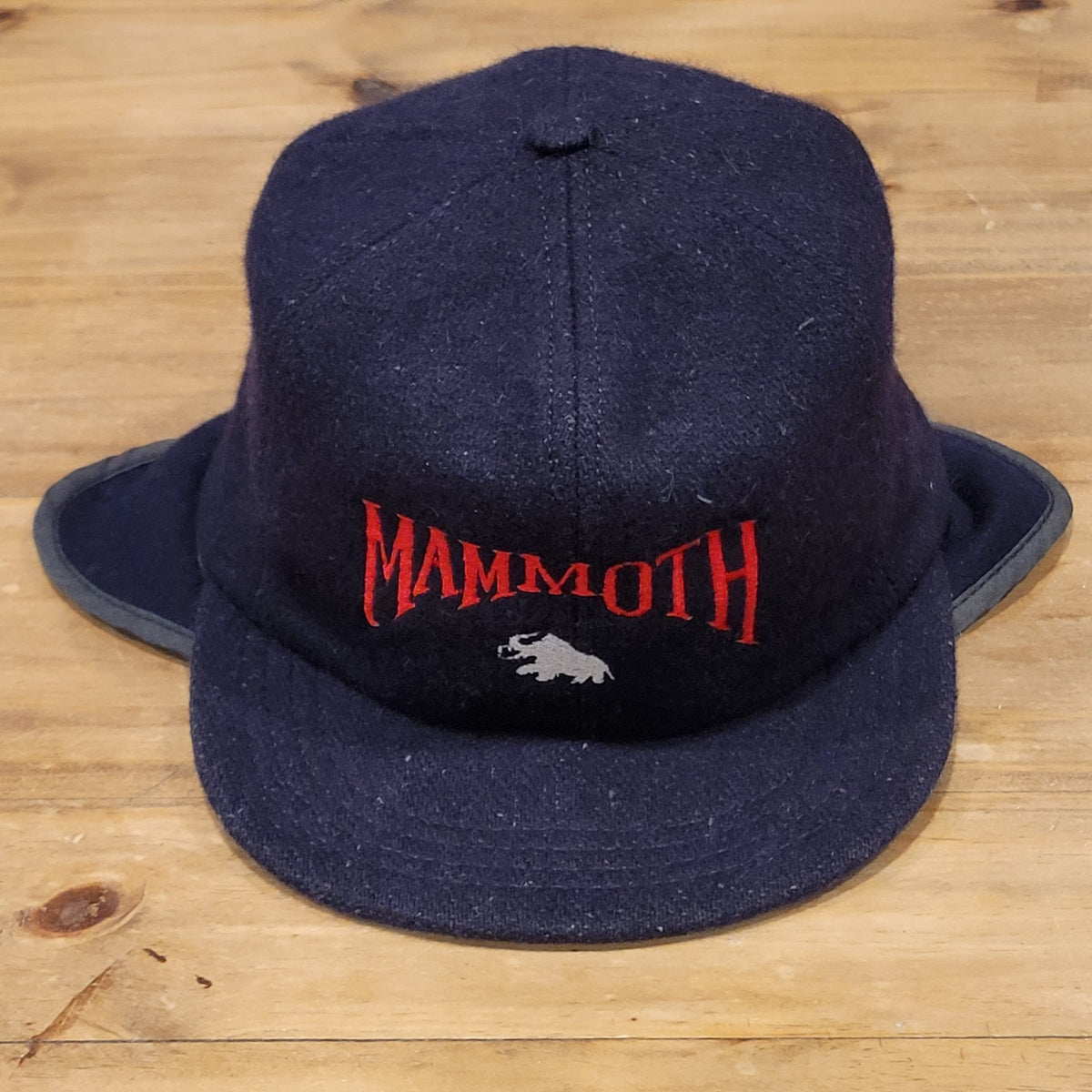 VTG Mammoth Mountain Ski Hat Cap Ear Flaps Navy Blue Wool Winter Snow Resort 90s